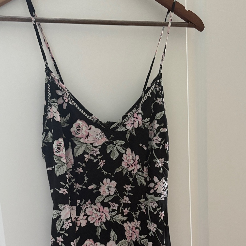 Lulu's Black Floral Midi Dress with Pink and Green Accents